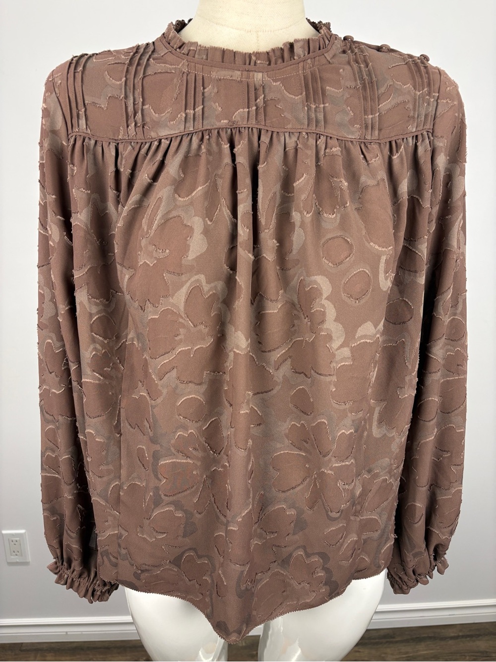 Aritzia Wilfred Lourdes Floral Jacquard Ruffle Blouse Mauve S